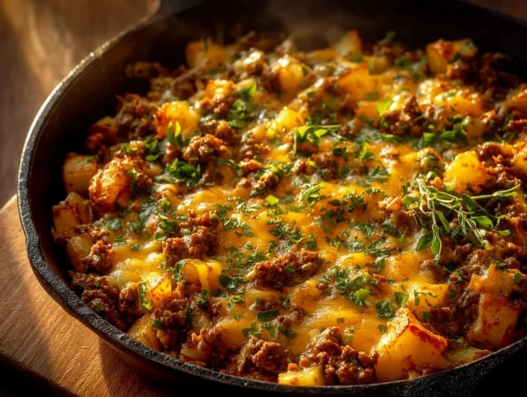 Cheeseburger potato skillet dish topped with melted cheese and fresh herbs