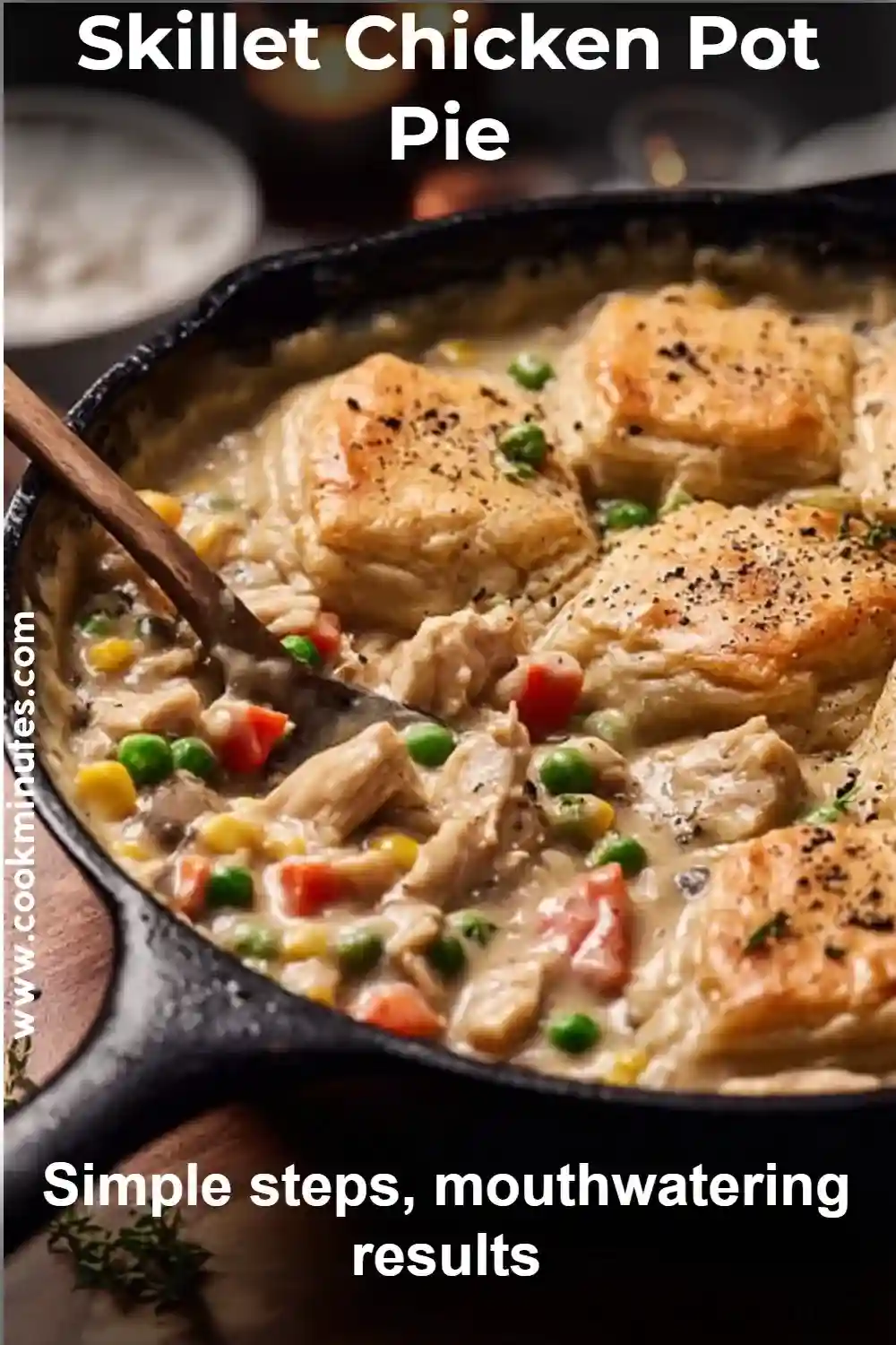 Chicken pot pie with flaky crust, creamy filling, and colorful vegetables in a skillet
