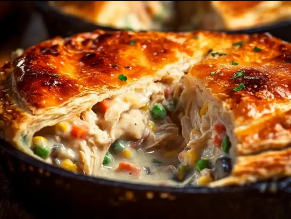 Delicious Skillet Chicken Pot Pie topped with golden brown crust and filled with savory chicken and vegetables.