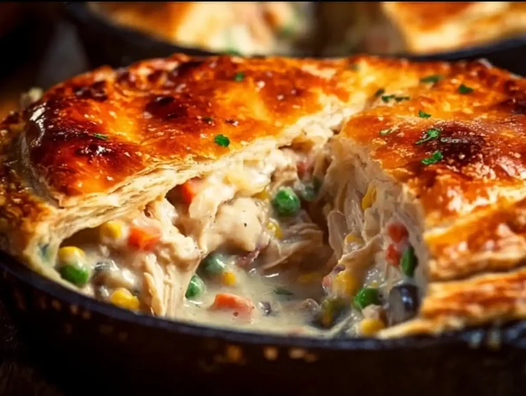 Delicious Skillet Chicken Pot Pie topped with golden brown crust and filled with savory chicken and vegetables.