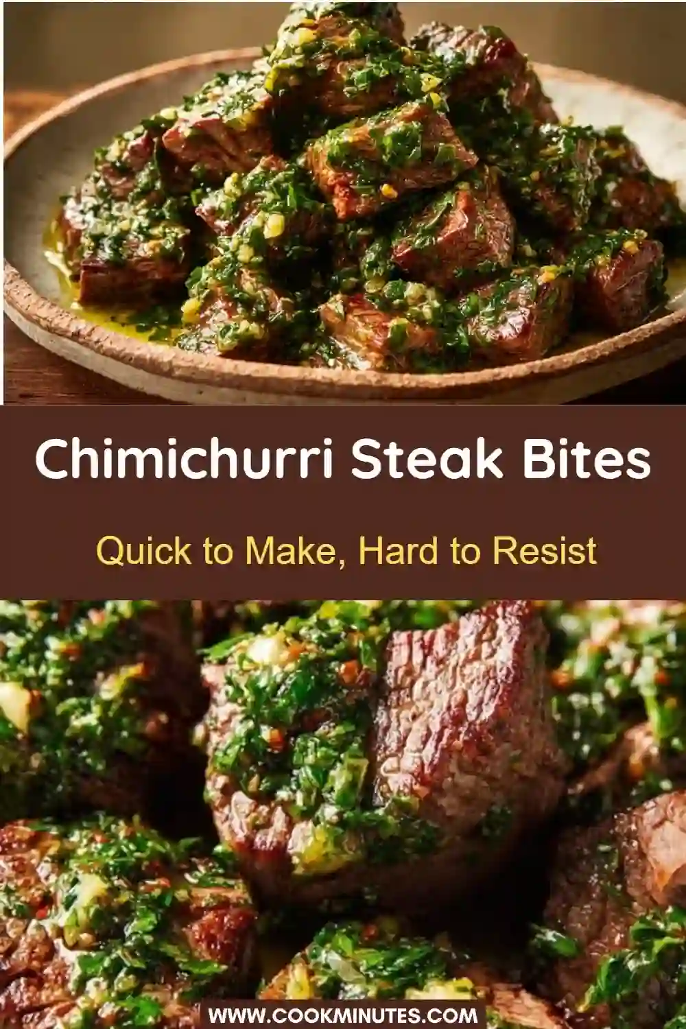 Chimichurri steak bites coated in fresh green herb sauce on a rustic plate