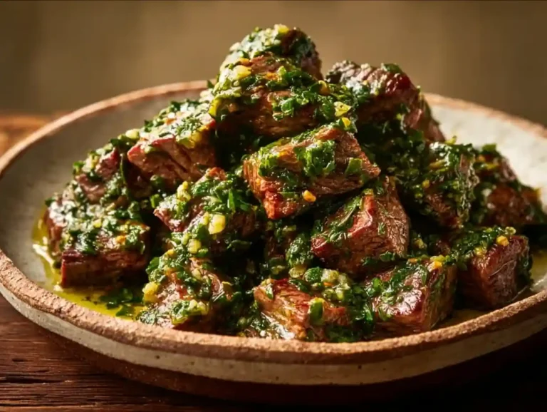 Delicious chimichurri steak bites garnished with fresh herbs