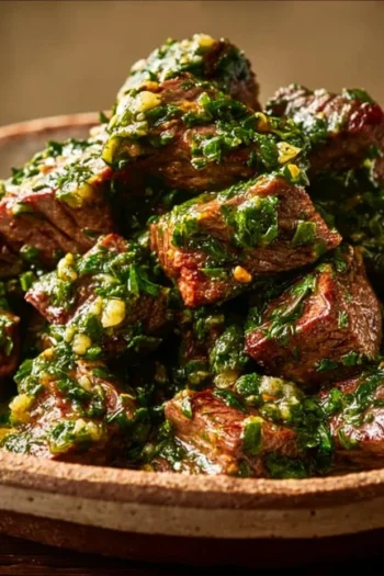 Get ready to treat your taste buds with these delightful Chimichurri Steak Bites. Each succulent morsel is generously drizzled with a zesty chimichurri sauce that's bursting with flavor! chimichurri steak