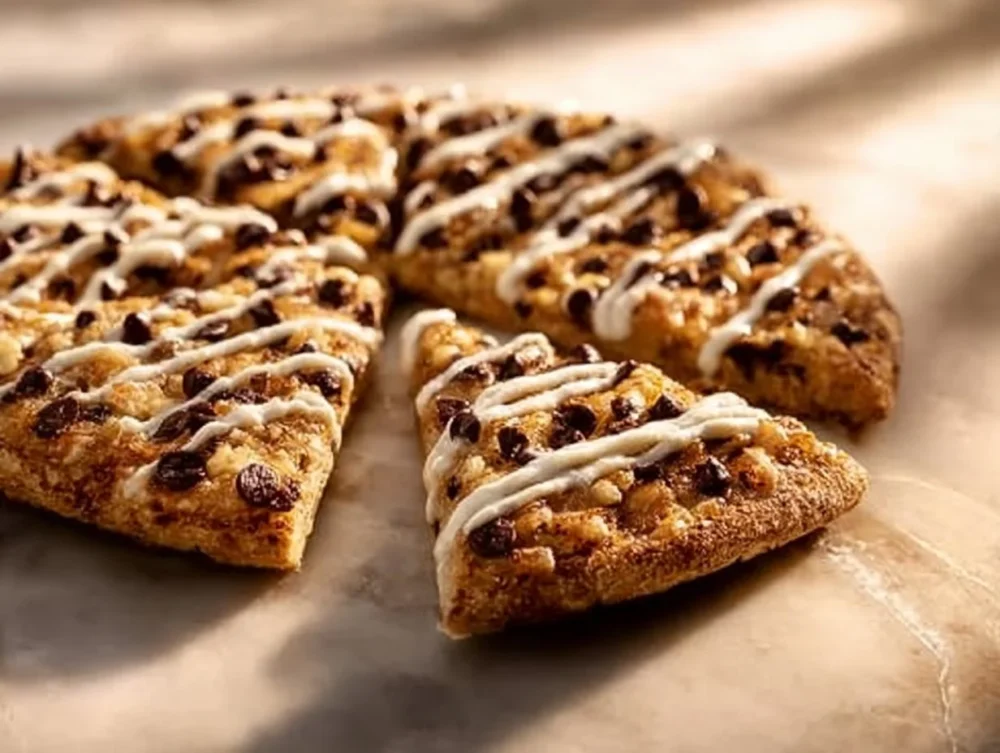 Delicious Cookie Dough Dessert Pizza topped with chocolate chips and drizzled with icing.