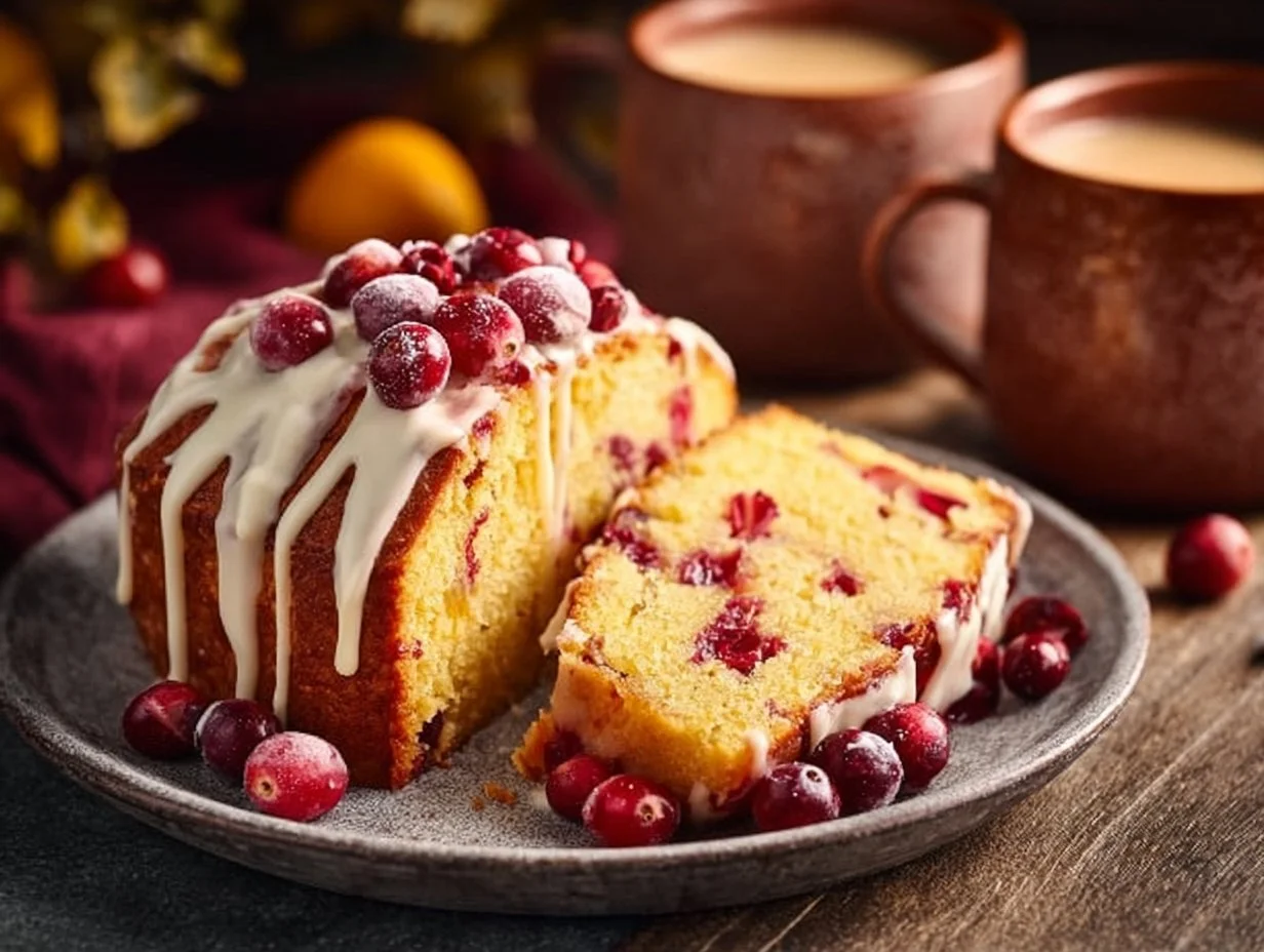 Delicious slice of cranberry orange pound cake topped with fresh cranberries and orange zest