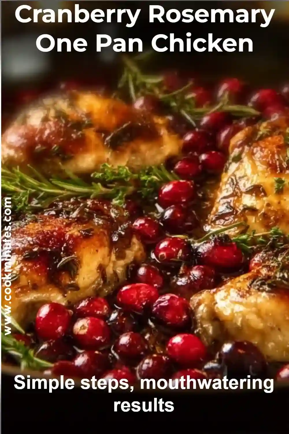 Cranberry Rosemary One Pan Chicken with golden chicken, red cranberries, and fresh rosemary in a skillet.