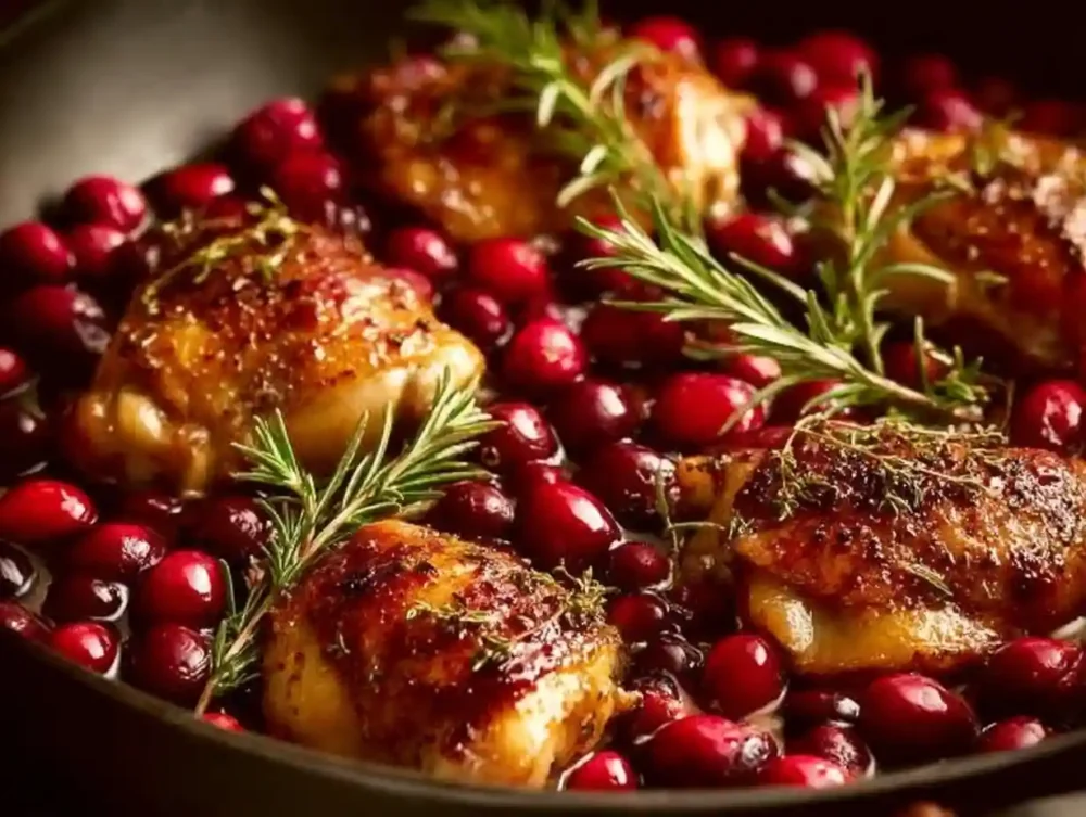 Delicious one pan Cranberry Rosemary Chicken dish with fresh ingredients