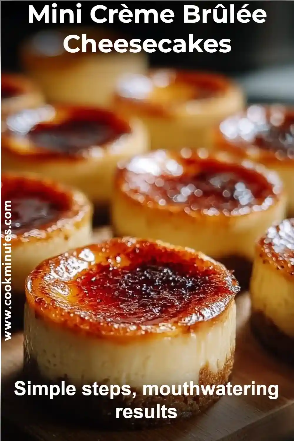 Crème Brûlée Cheesecakes with caramelized tops and buttery crusts on a wooden board.
