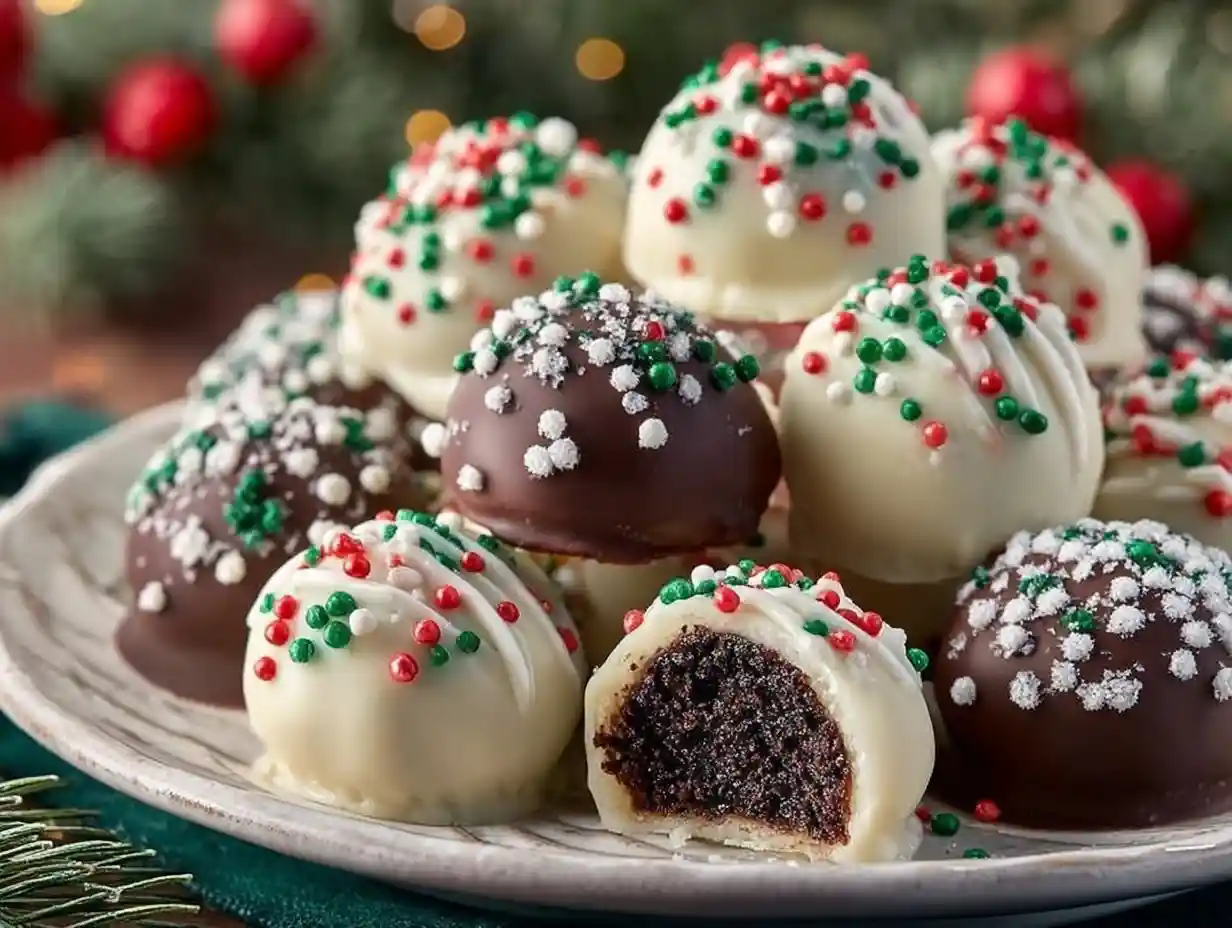 Assorted holiday-themed dessert truffles on a festive platter.