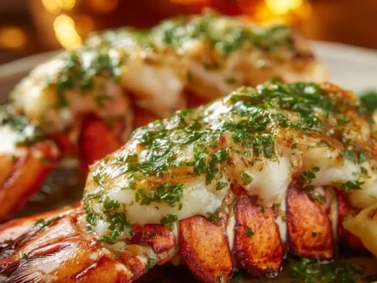 Creamy garlic butter lobster tails served elegantly with fresh herbs.