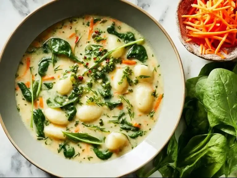 Bowl of creamy gnocchi soup garnished with fresh herbs
