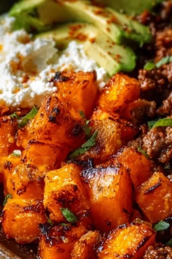 Spice up your dinner routine with the Ground Beef Hot Honey Bowl, a vibrant blend of savory beef, sweet potatoes, and a drizzling of hot honey! hot honey bowl