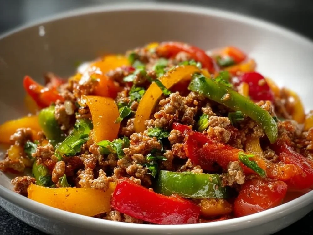 Ground turkey and bell peppers dish served in a bowl