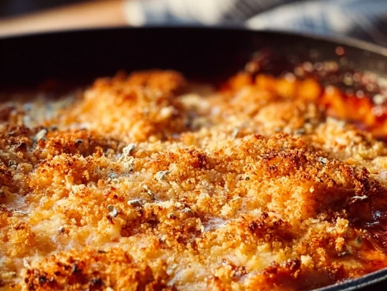 High Protein Chicken Parmesan Casserole topped with cheese and herbs