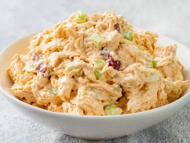 High protein cottage cheese chicken salad in a bowl garnished with herbs.