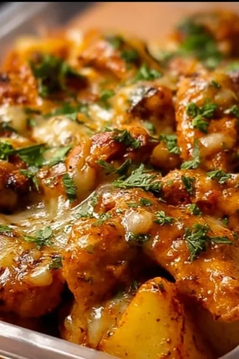 "Get ready to satisfy your cravings without the guilt!" High-Protein Creamy Garlic Cheesy Chicken & Potatoes