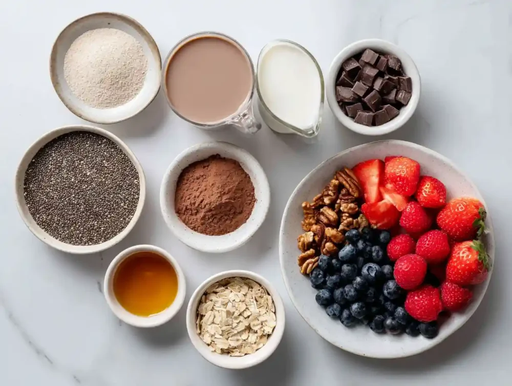 A neatly arranged display of all the ingredients for Chocolate Protein Chia Pudding