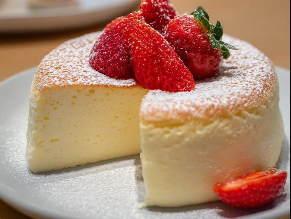 Fluffy Japanese Cheesecake served on a plate.