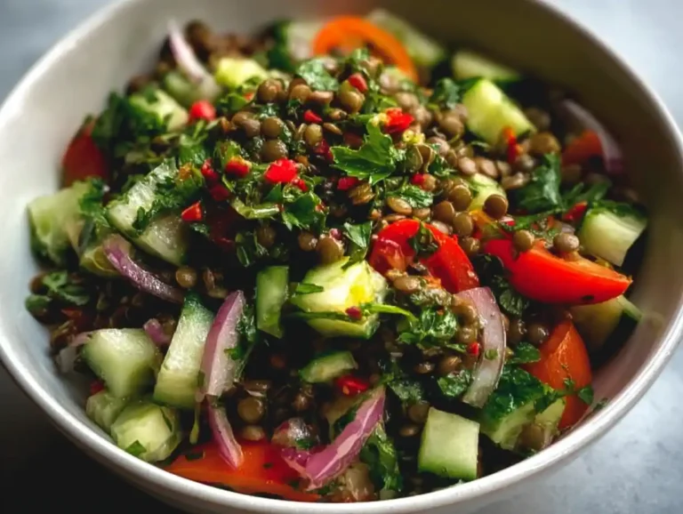 Delicious and nutritious lentil salad with veggies and dressing