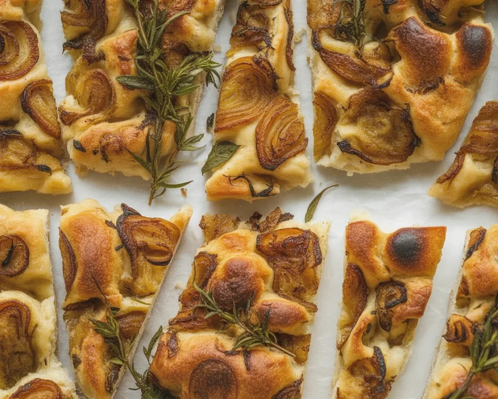 Freshly baked Onion Focaccia Bread topped with garlic and caramelized onions.