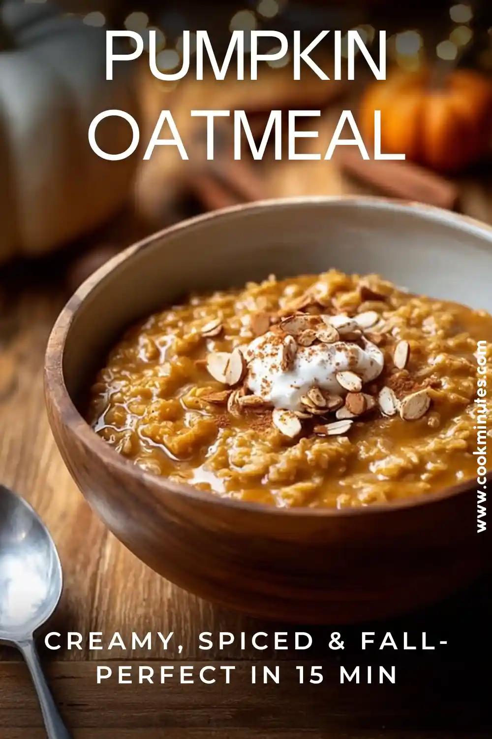 Pumpkin Spice Oatmeal topped with pecans and oats in a rustic wooden bowl