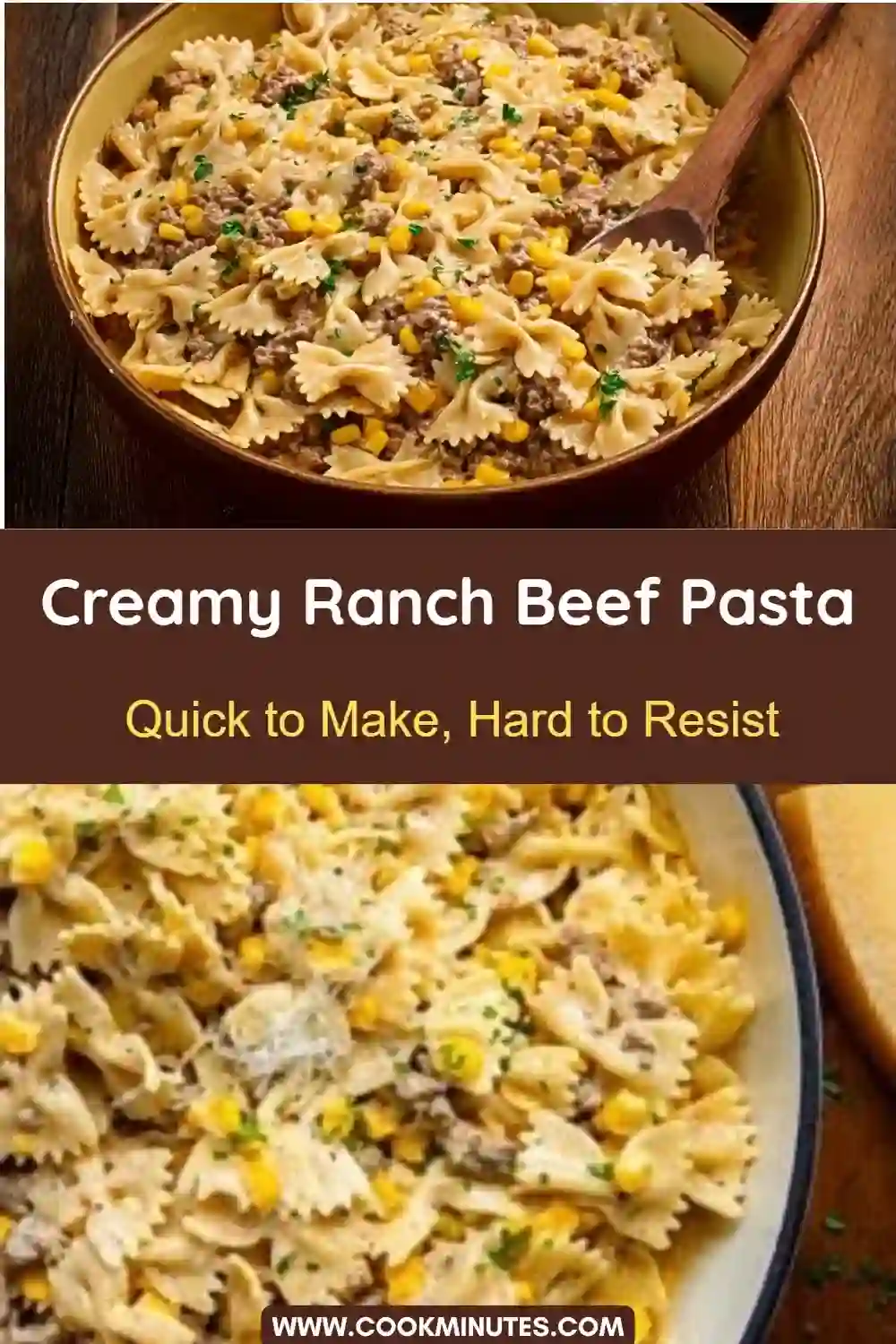 Creamy Ranch Beef Pasta with farfalle, ground beef, corn, and creamy ranch sauce in a brown bowl