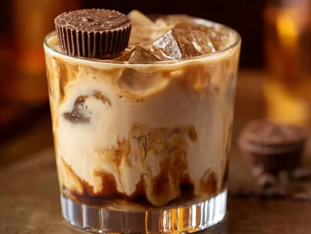 Skrewball Peanut Butter Cup Mocktail – Sweet, Creamy & Non-Alcoholic Skrewball Peanut Butter Cup mocktail served in a glass with garnishes