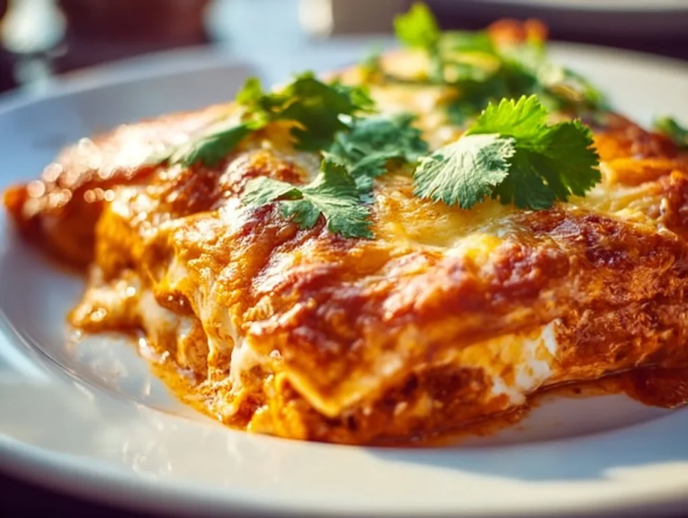 Slow Cooker Chicken Enchilada Casserole with melted cheese and vibrant toppings