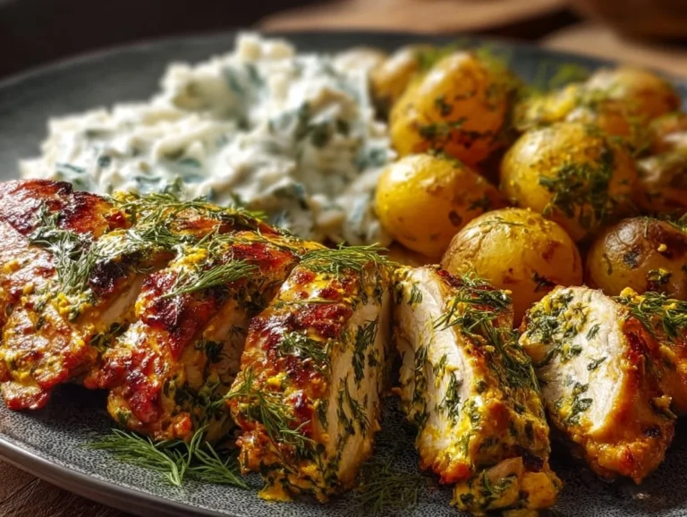 Spicy yogurt marinated chicken topped with dill feta cream served on a plate.