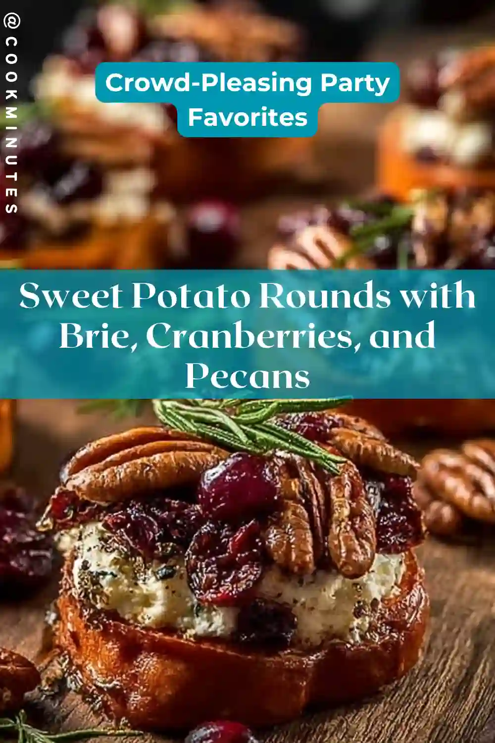 Sweet Potato Rounds with Brie, Cranberries, and Pecans Sweet Potato Rounds with Brie Cranberry and Pecans, a delightful appetizer or party snack.