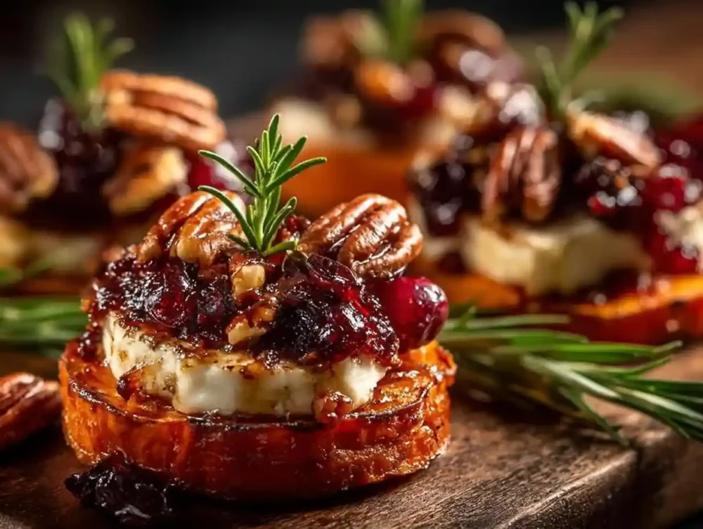 Sweet Potato Rounds with Brie, Cranberries, and Pecans Sweet potato rounds topped with brie, cranberries, and pecans on a plate.