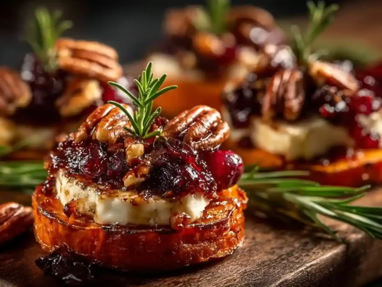 Sweet Potato Rounds with Brie, Cranberries, and Pecans Sweet potato rounds topped with brie, cranberries, and pecans on a plate.