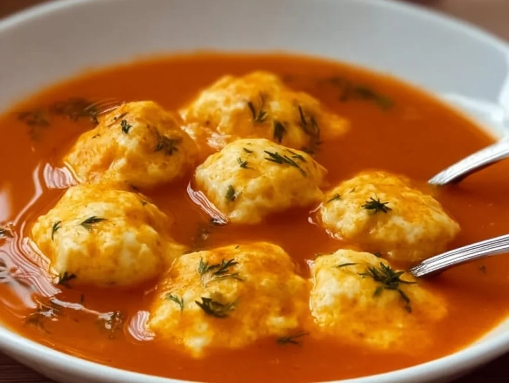 Delicious tomato soup garnished with cheesy dumplings in a bowl.