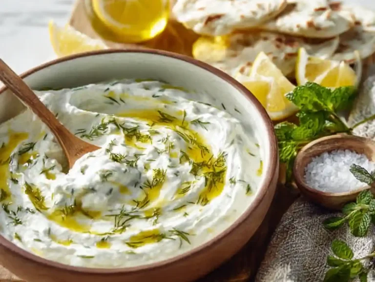 Homemade tzatziki sauce in a bowl garnished with cucumbers and dill