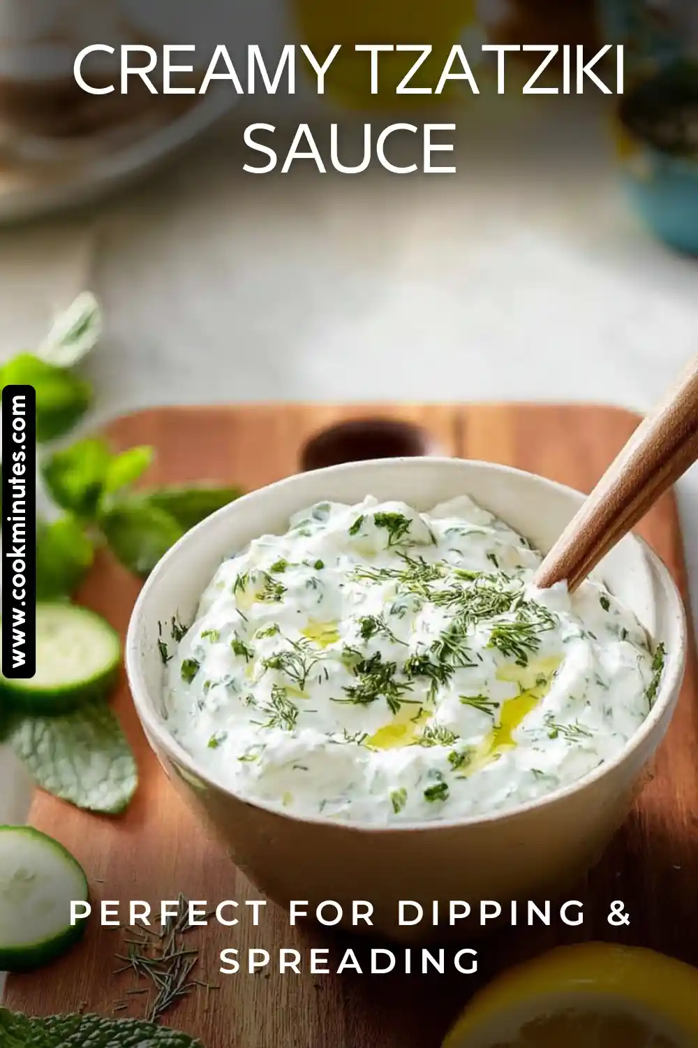 Creamy homemade tzatziki sauce with cucumbers and herbs, perfect for dipping.