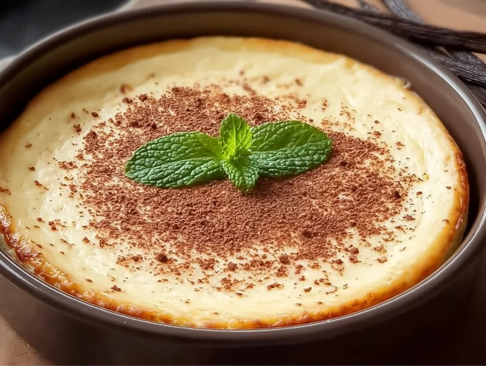 Slice of Vanilla Bean Brown Butter Cheesecake topped with vanilla beans