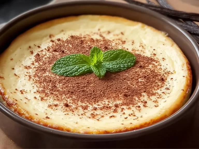 Slice of Vanilla Bean Brown Butter Cheesecake topped with vanilla beans