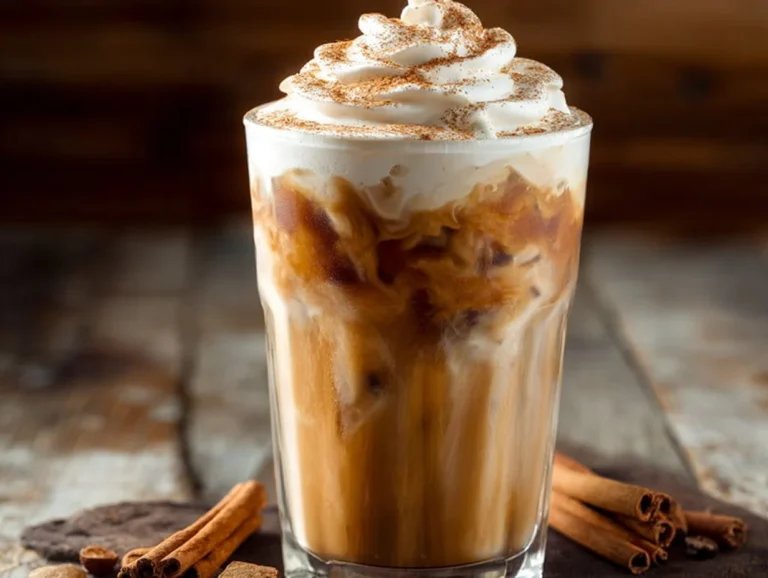 A refreshing glass of Vanilla Maple Protein Iced Coffee with ice cubes and a drizzle of maple syrup.