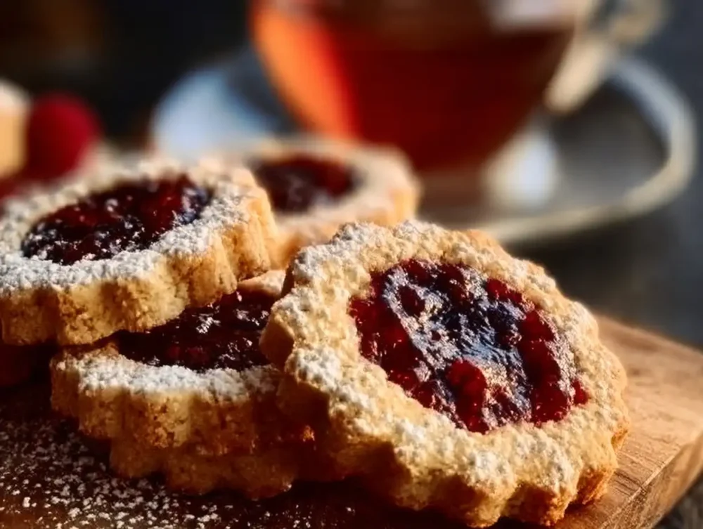 Raspberry Linzer Cookies displaying a delightful layer of raspberry jam in a crisp cookie