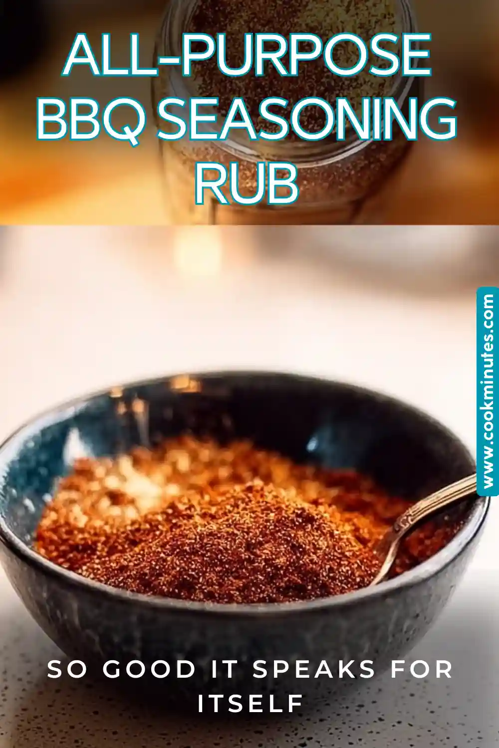 An enticing photo showcasing All-Purpose BBQ Seasoning Rub, highlighting its rich color and texture against a rustic background.