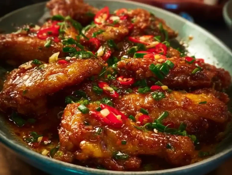 Plate of Bang Bang Chicken garnished with green onions and sesame seeds