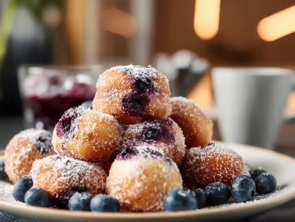Blueberry Donut Bites: Quick and Delicious Delight in Every Bite Image depicting Blueberry Donut Bites, freshly glazed and waiting to be enjoyed.