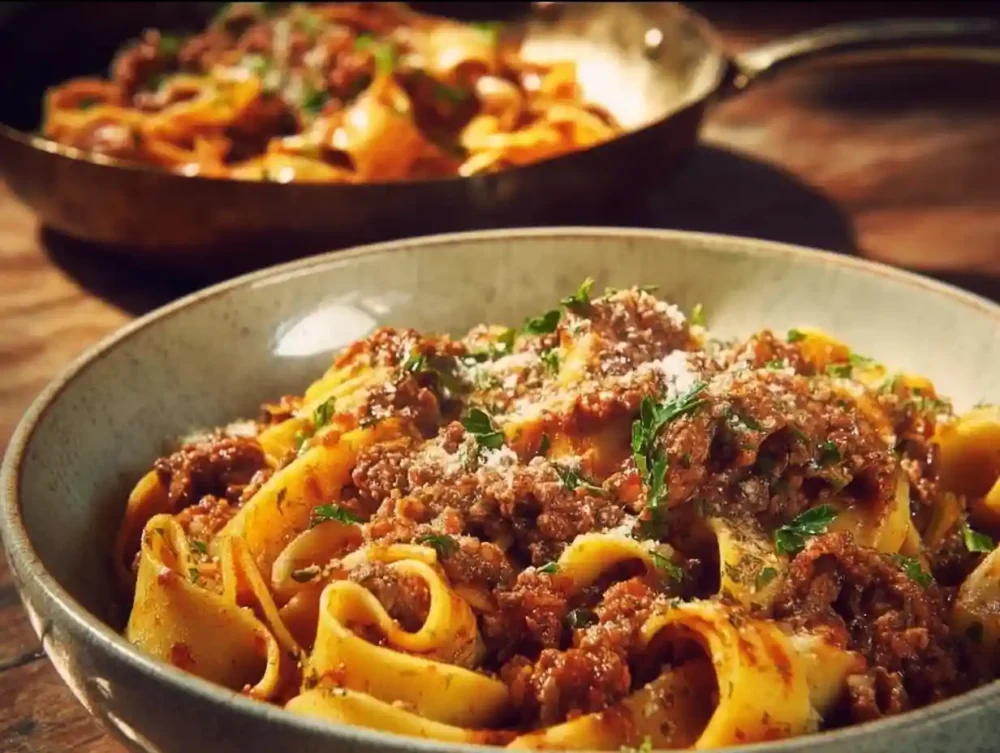 Homemade Bolognese sauce served over pasta