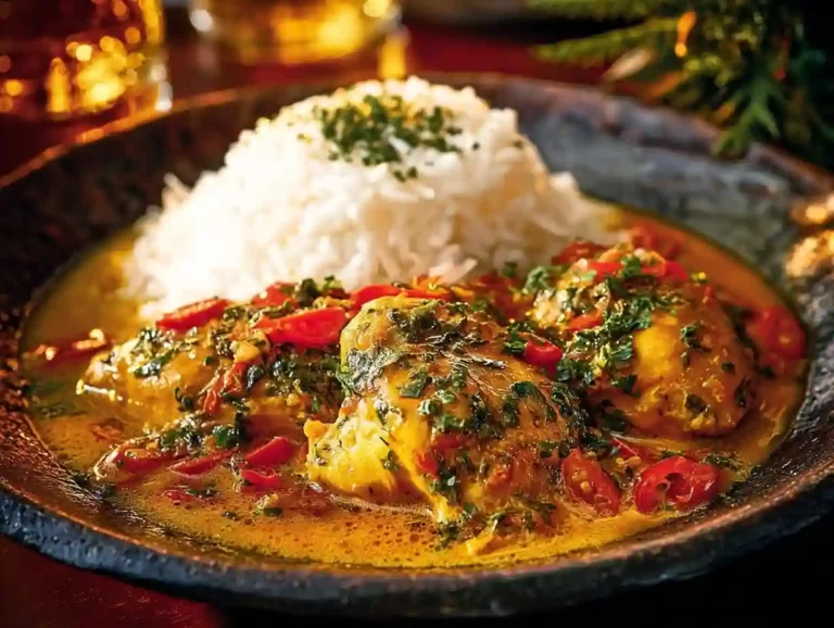 Delicious Brazilian Coconut Chicken served with fresh herbs.