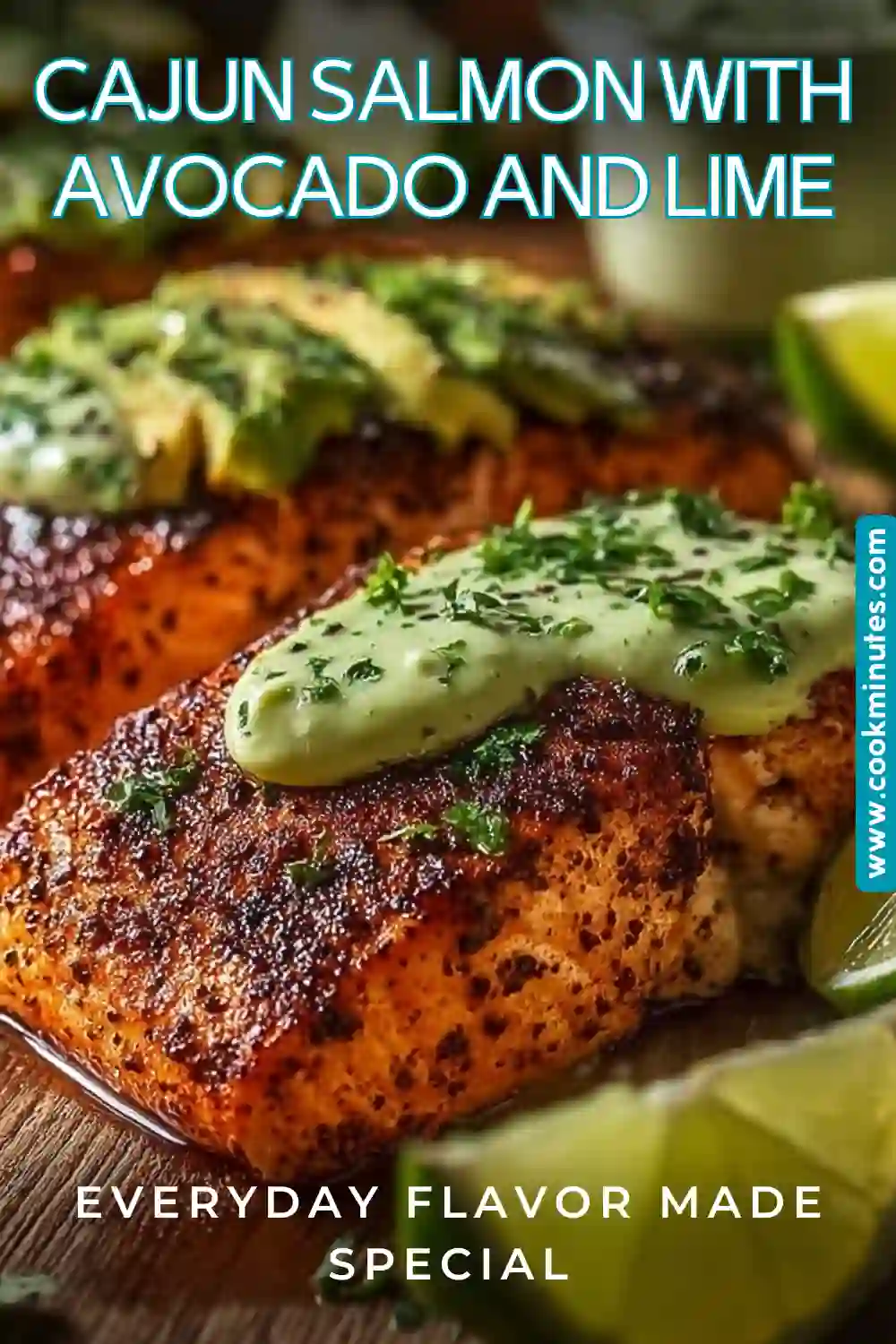 Cajun Salmon with Avocado and Lime dish garnished with cilantro and lime slices.