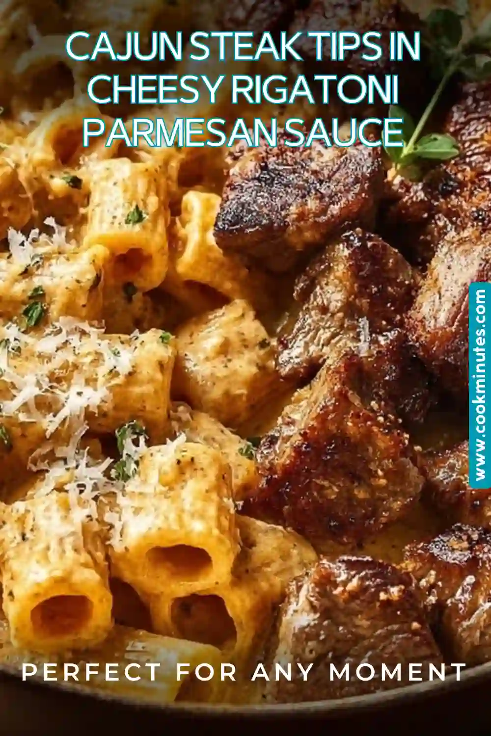 A delicious plate of Cajun Steak Tips in Cheesy Rigatoni Parmesan Sauce garnished with parsley.