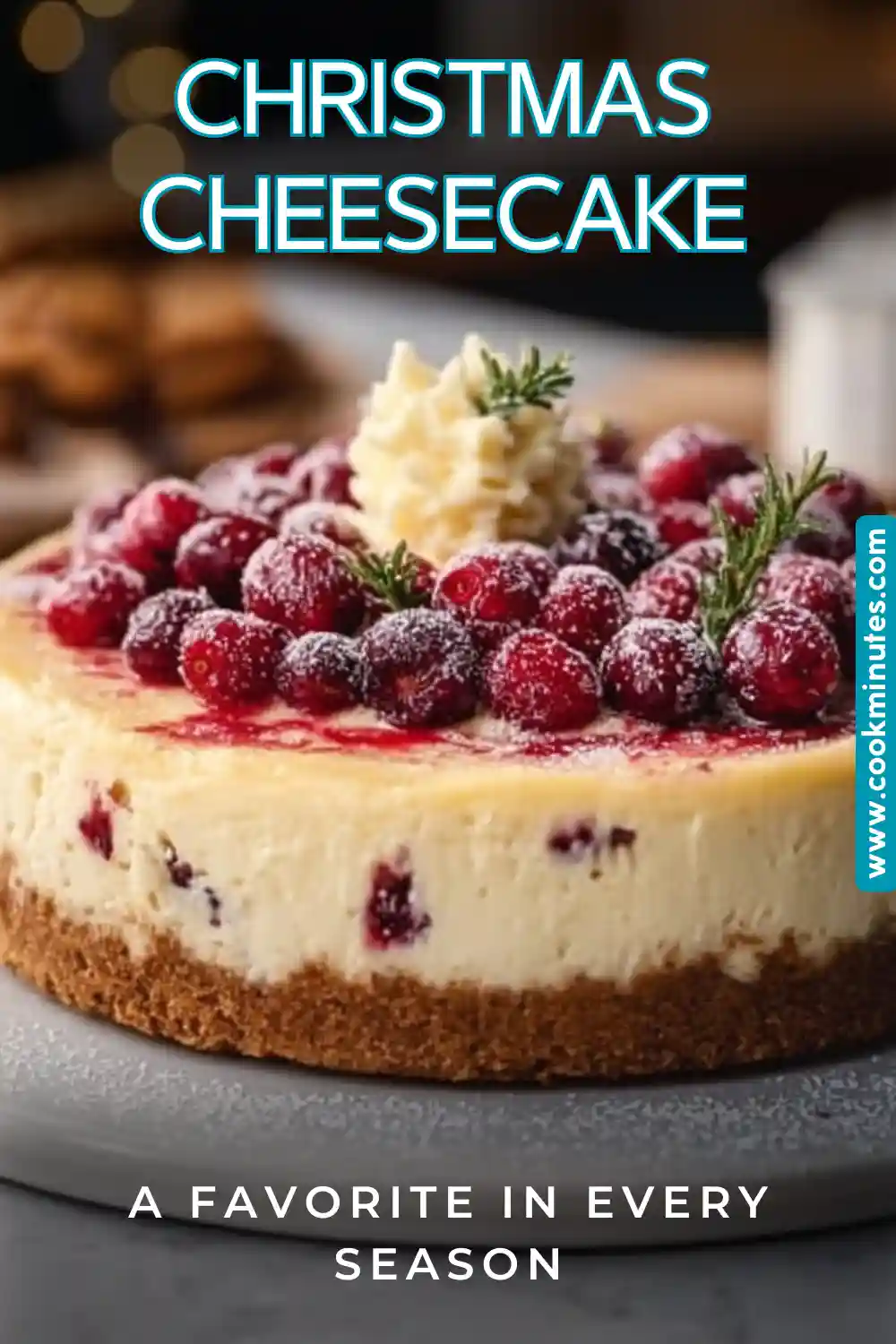 Indulge in the Festive Delight of Christmas Cheesecake Deliciously decadent Christmas Cheesecake topped with cranberry jam.
