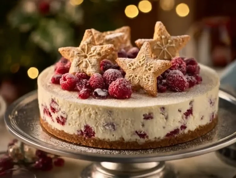 Deliciously festive Christmas Cheesecake topped with seasonal decorations.