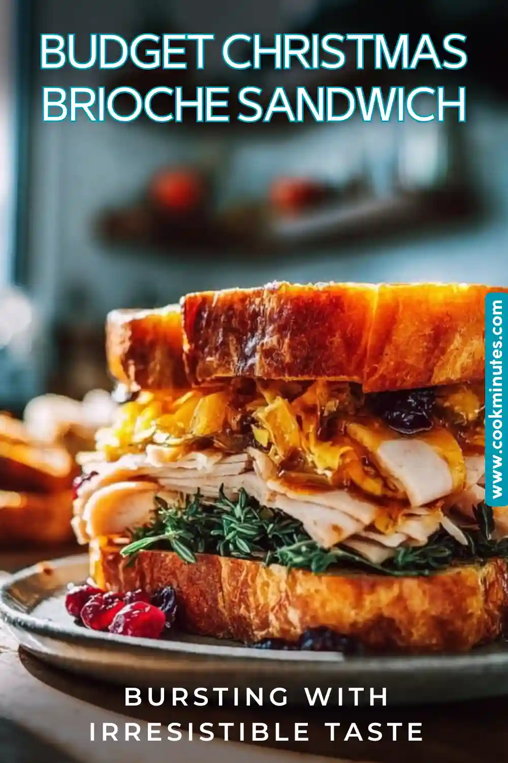 A mouth-watering Budget Christmas Brioche Sandwich filled with turkey, stuffing, and cranberry sauce.