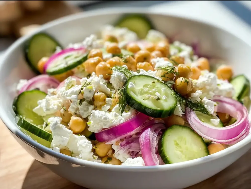 Colorful Cottage Cheese Chickpea Salad Bowl with fresh vegetables